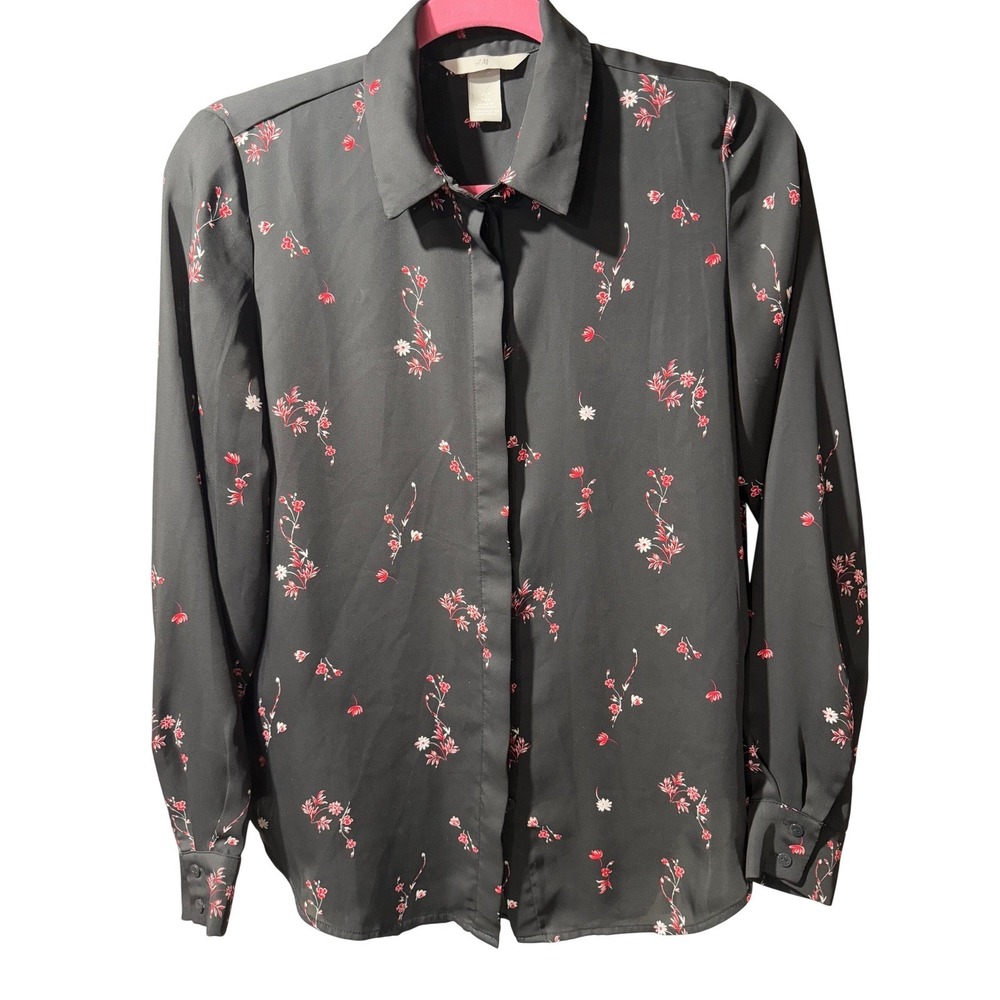 H&M Women Black Floral Long‎ Sleeve Button Up Blouse Top Size 4 Romantic Classic
